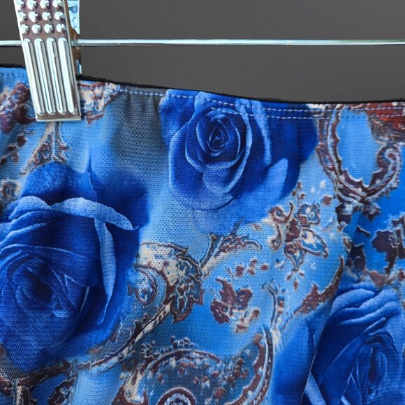 Y2K Blue Paisley Floral Midi Skirt Mesh Overlay Size L Fairy boho Elastic Waist - Picture 2 of 6